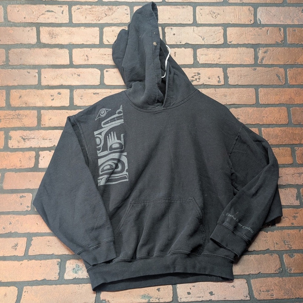 Native Origins Elwha River Casino Totem Native American Black Hoodie Medium